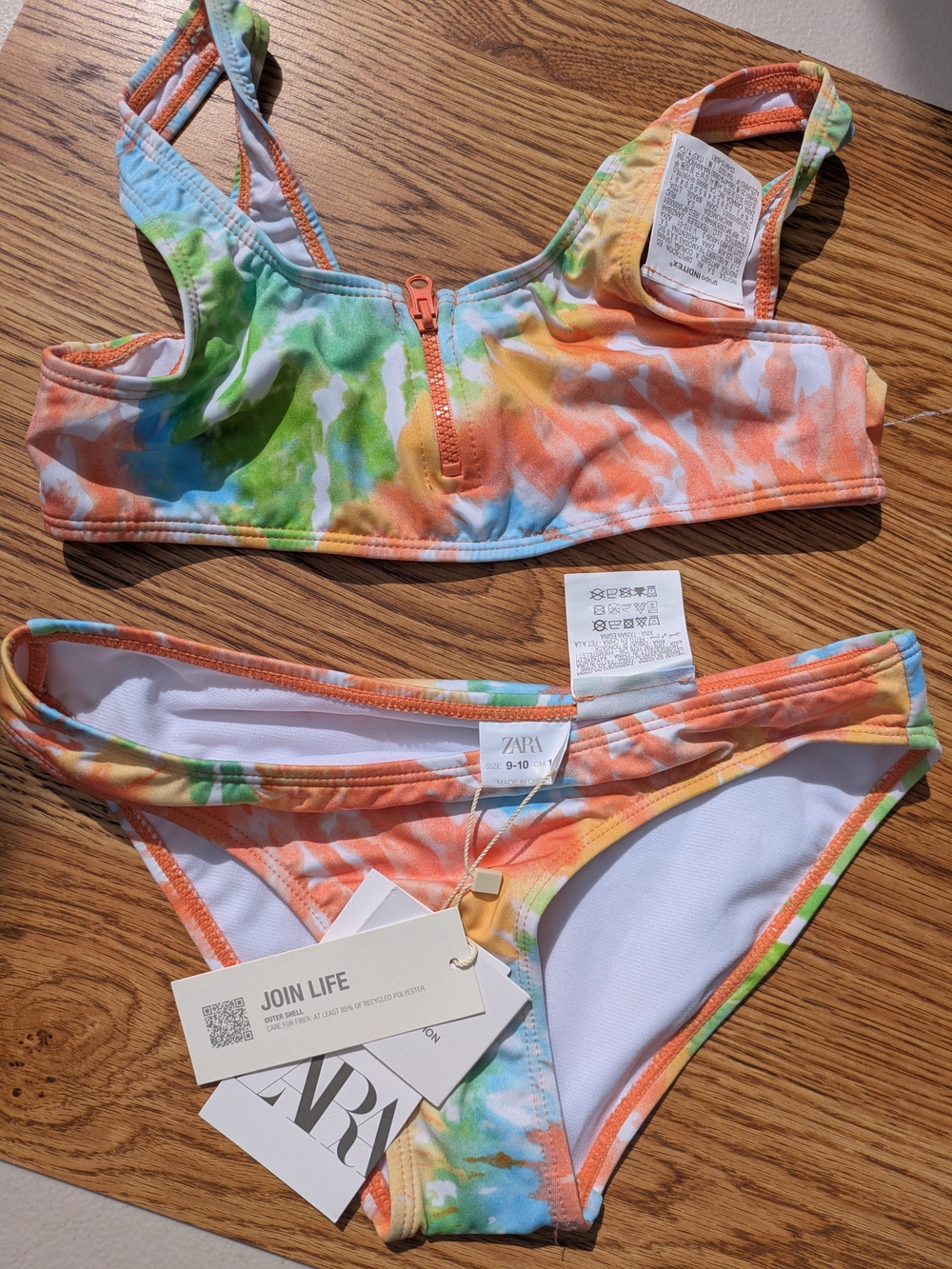 ZARA Girls' Tie-Dye Zip Front Swim Set - Orange, Green & Blue